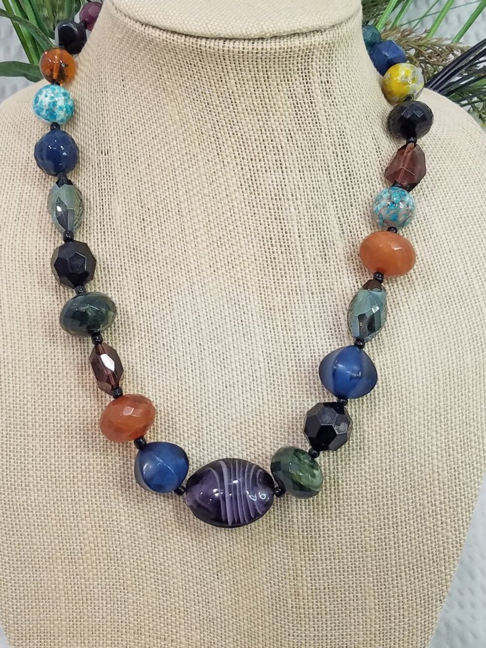 Vintage Signed You & I Multicolor Green, Blue, Amber Glass Bead Choker Necklace